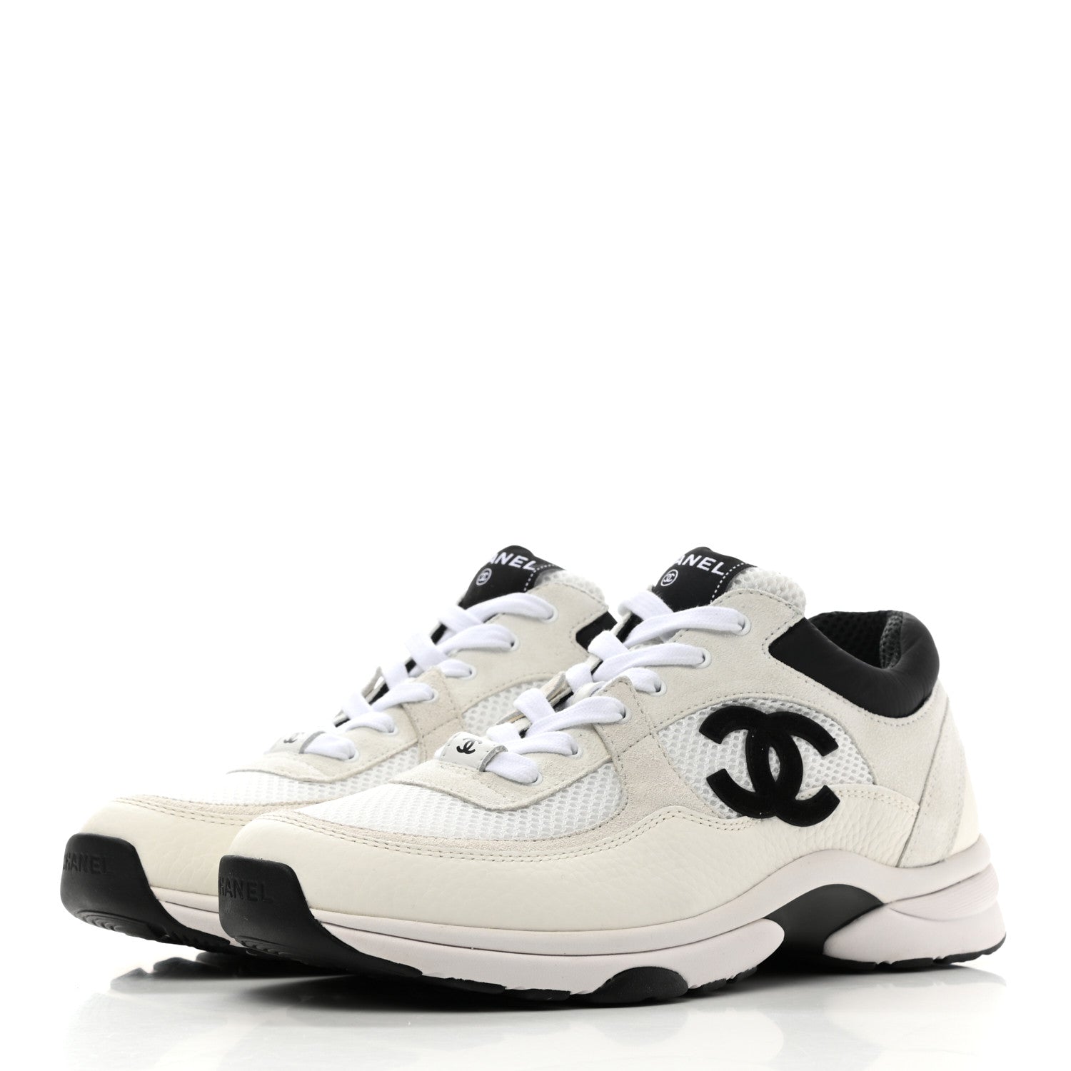 Chanel Mesh Suede Calfskin Grained Calfskin Womens CC Sneakers 40.5 White Black 3 of 9