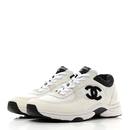 Chanel Mesh Suede Calfskin Grained Calfskin Womens CC Sneakers 40.5 White Black 3 of 9