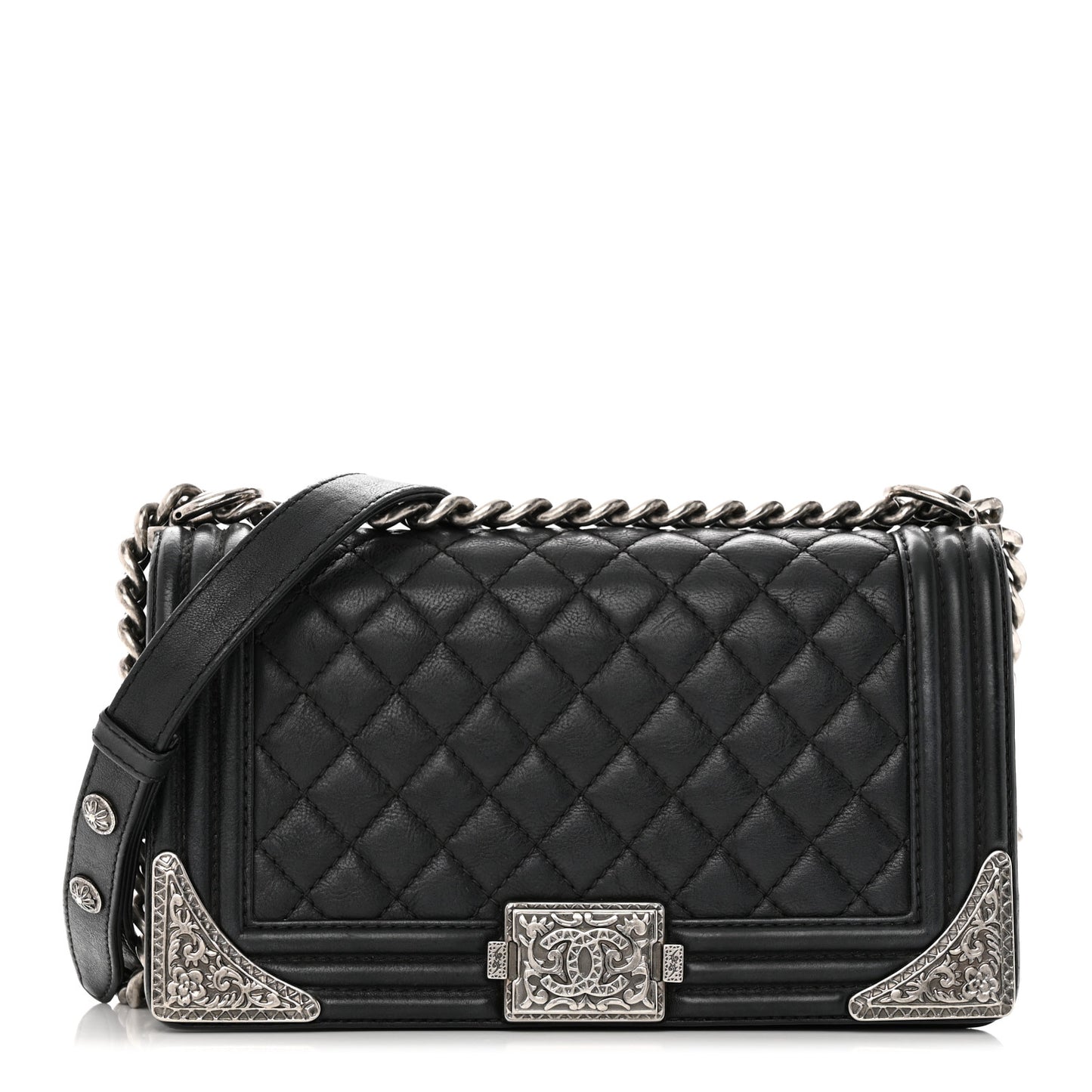Calfskin Quilted Metal Embellished Paris Dallas Medium Boy Flap Black
