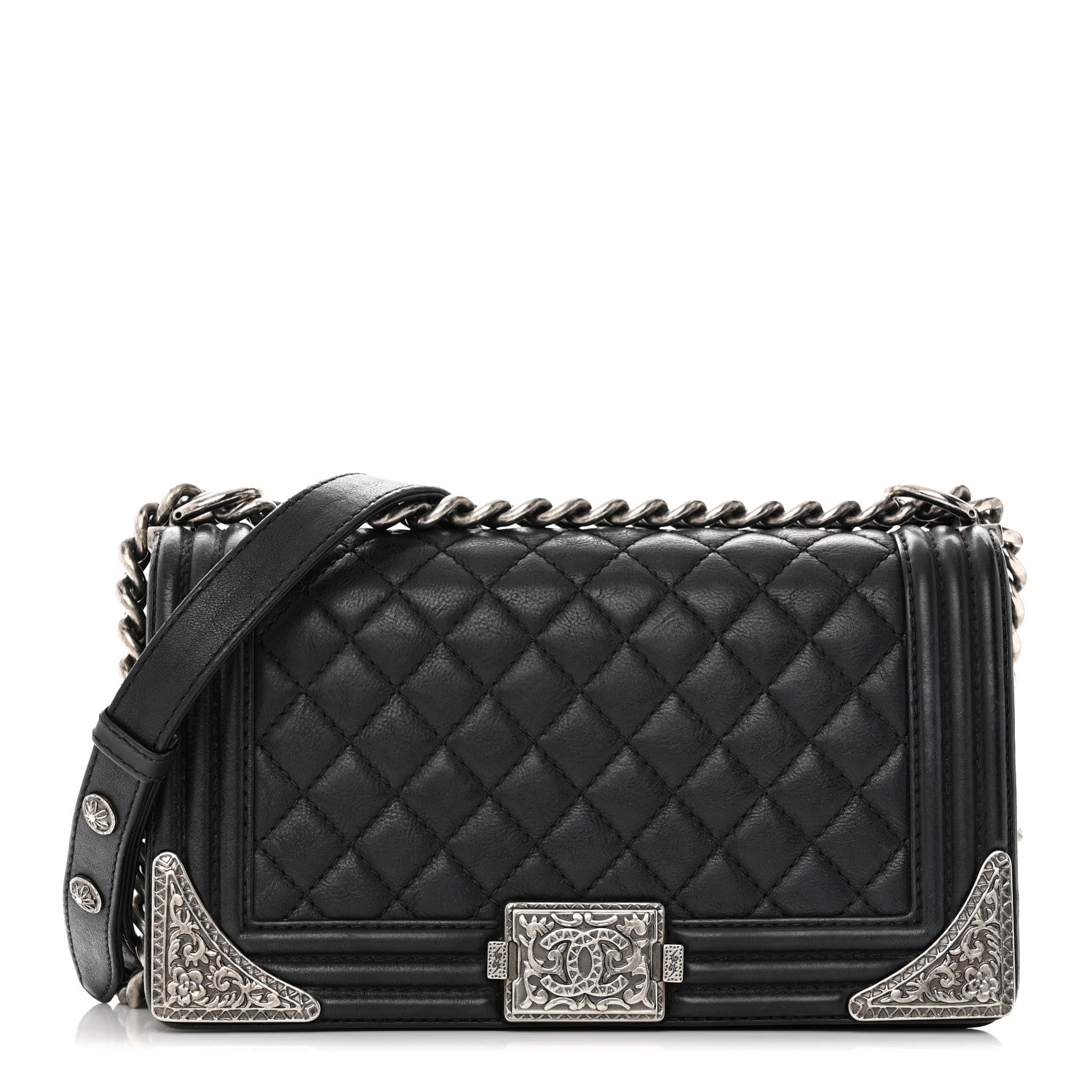 Chanel Calfskin Quilted Metal Embellished Paris Dallas Medium Boy Flap Black 1 of 21