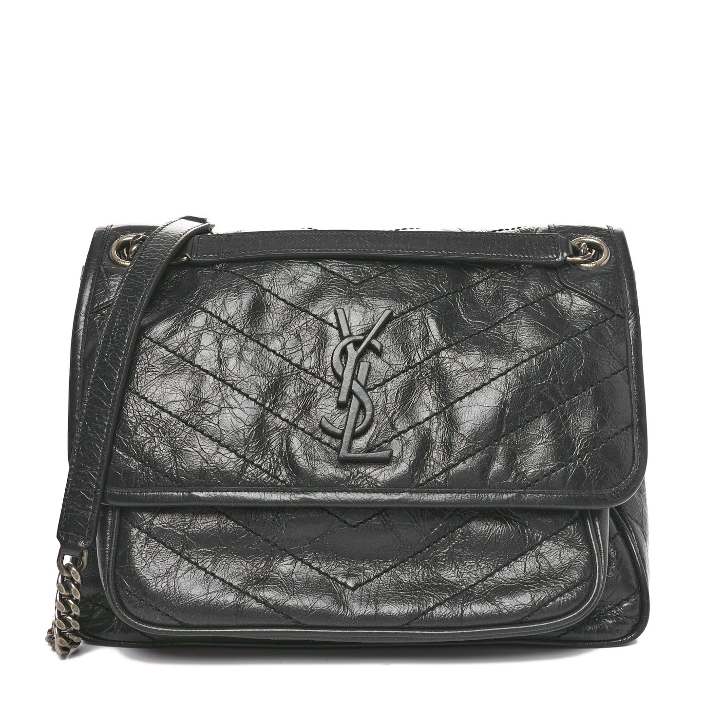 Crinkled Calfskin Matelasse Monogram Medium Niki Chain Satchel Military Olive