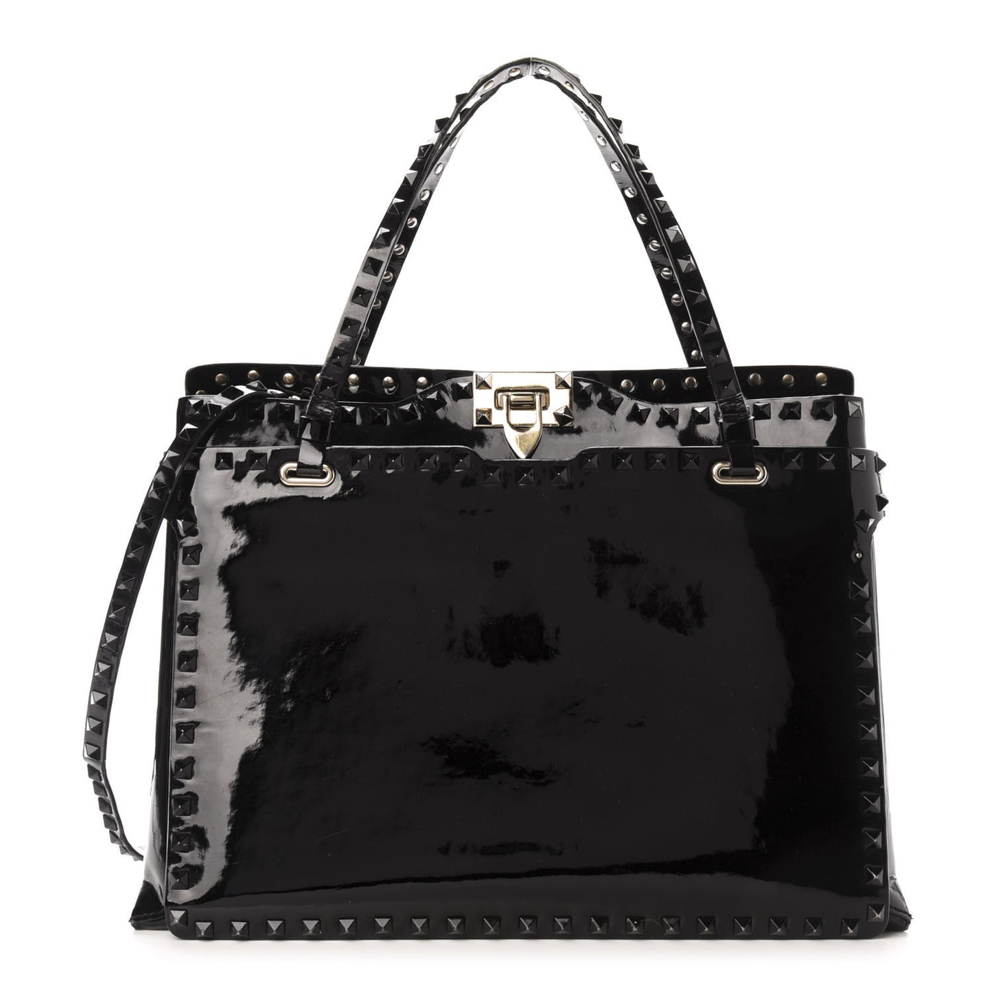 Patent Rockstud Flip Lock Tote Black