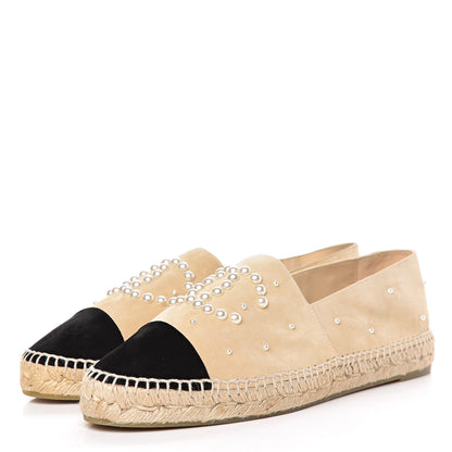 Chanel Suede Pearl CC Espadrilles 42 Beige Black 3 of 14