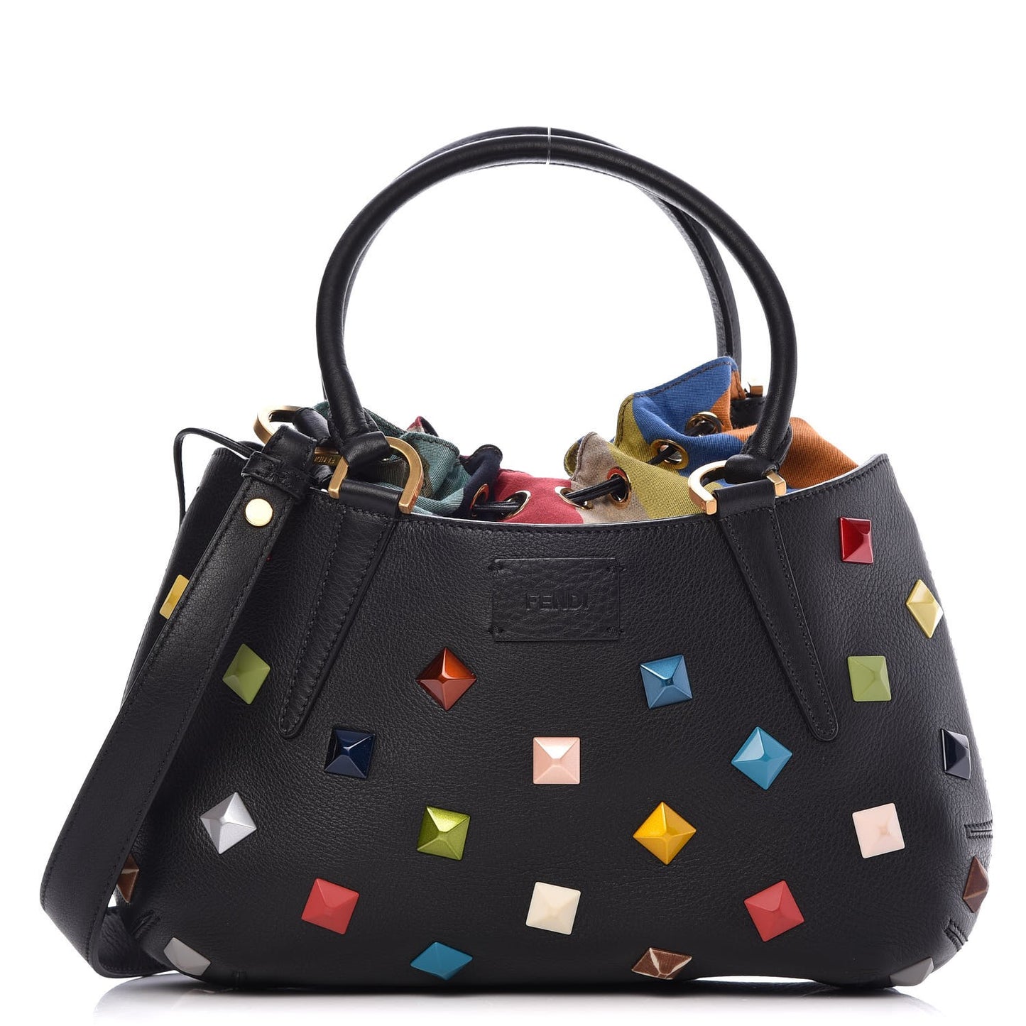 Calfskin Studded Small Drawstring Satchel Black Multicolor