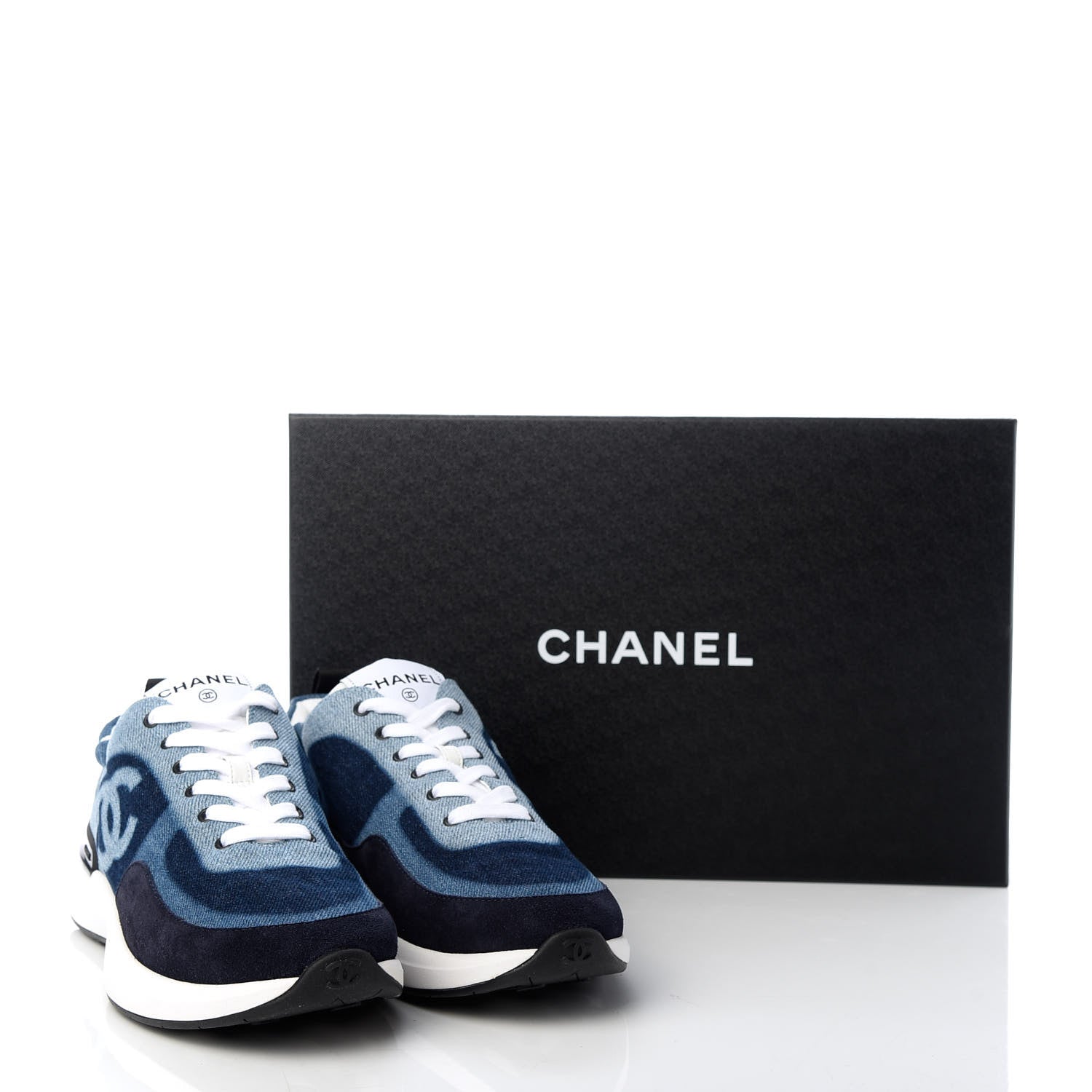 Chanel Denim Suede Calfskin Womens CC Sneakers 37 Blue White Black 10 of 10