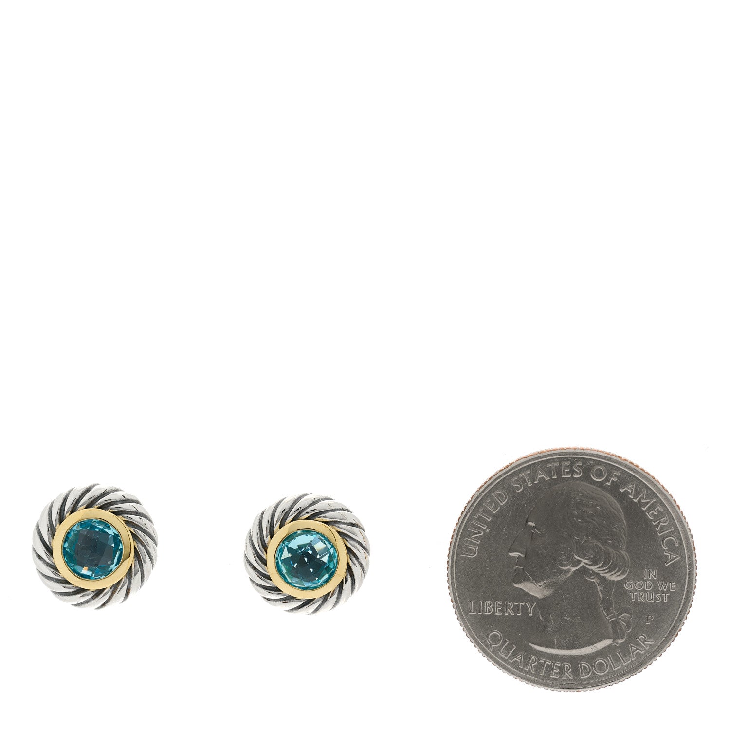 David Yurman Sterling Silver 18K Yellow Gold Blue Topaz Cookie Cable Earrings 2 of 5
