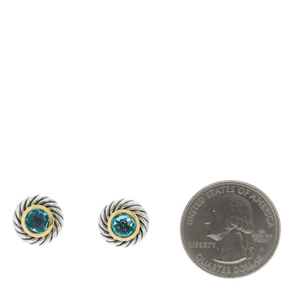 David Yurman Sterling Silver 18K Yellow Gold Blue Topaz Cookie Cable Earrings 2 of 5