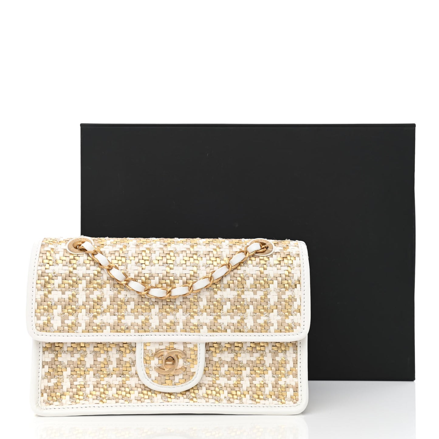 Metallic Lambskin Viscose Woven Flap Gold White