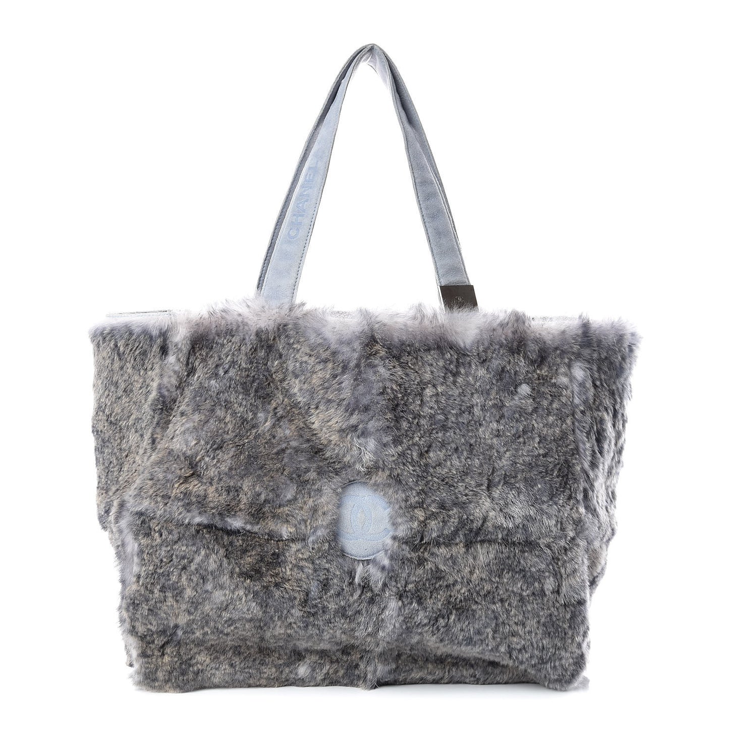 Suede Rabbit Fur Tote with Cosmetic Pouch Blue