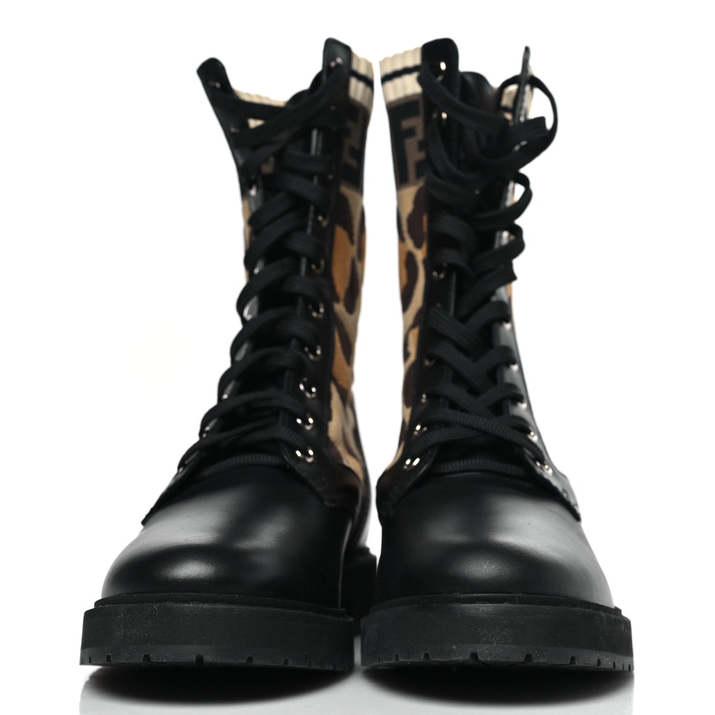 Calfskin Stretch Fabric FF Leopard Rockoko Biker Boots 39.5 Black