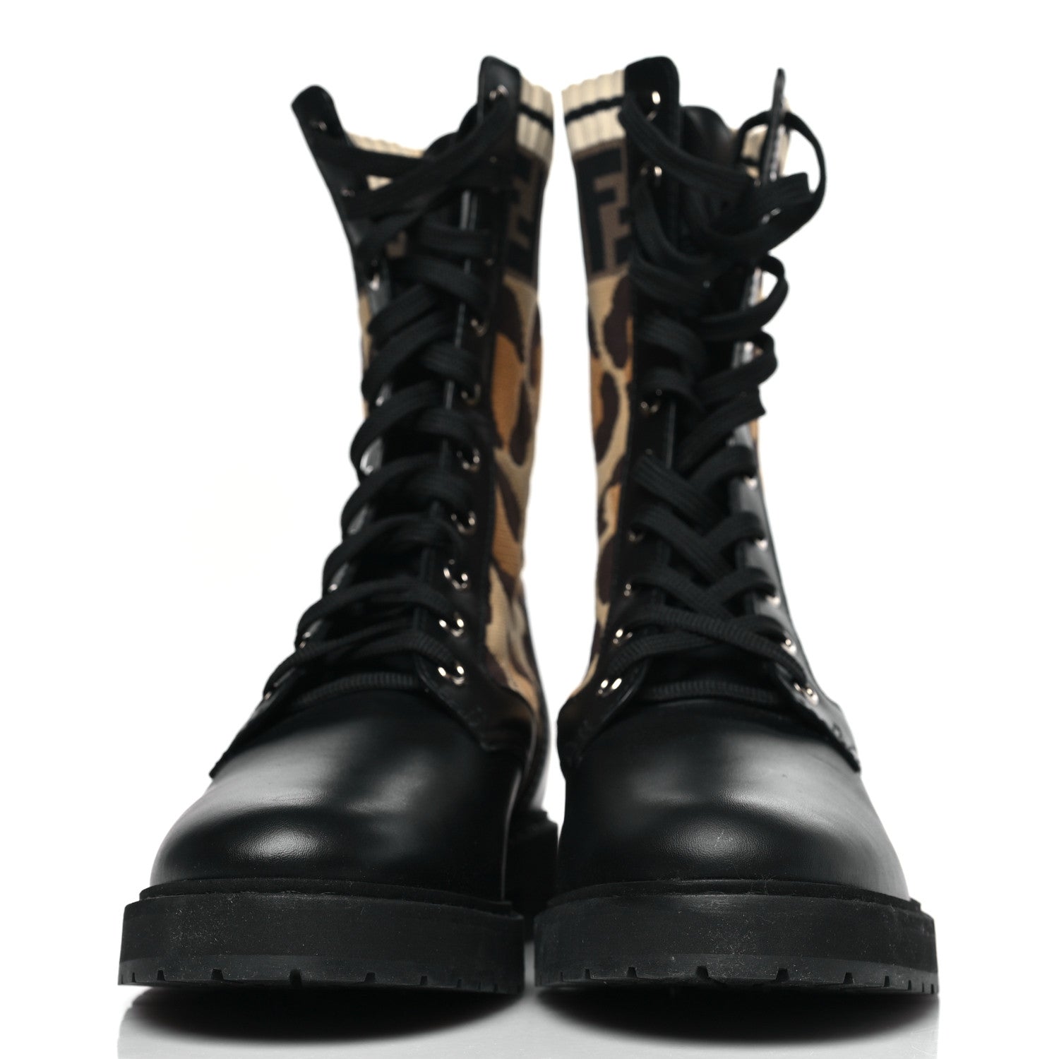 Fendi Calfskin Stretch Fabric FF Leopard Rockoko Biker Boots 39.5 Black 3 of 8
