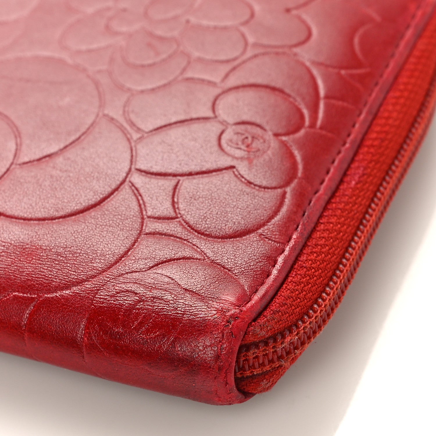 Chanel Lambskin Camellia Embossed Zip Around Organizer Wallet Red 10 of 16