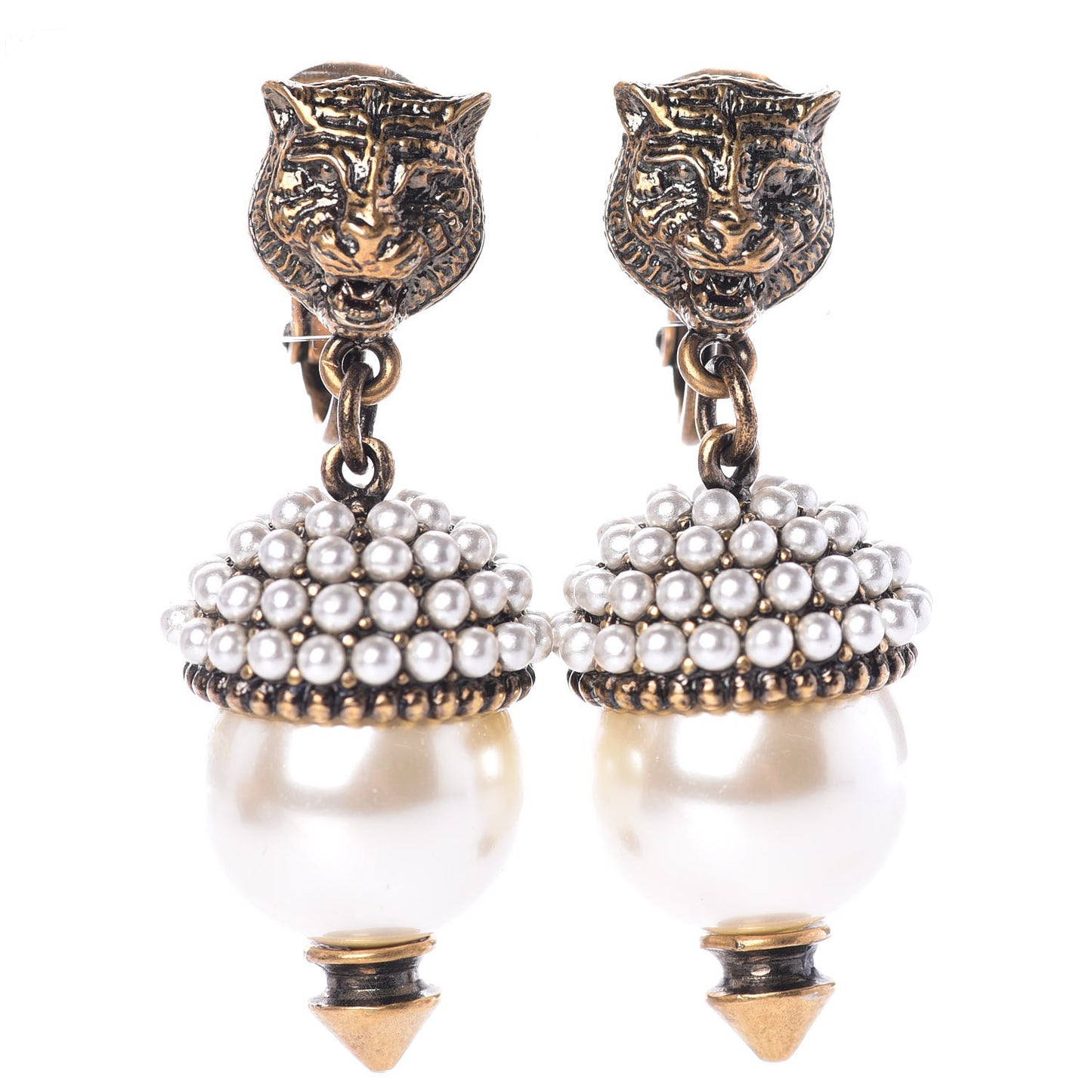 Metal Resin Pearl Feline Clip On Earrings Aged Gold