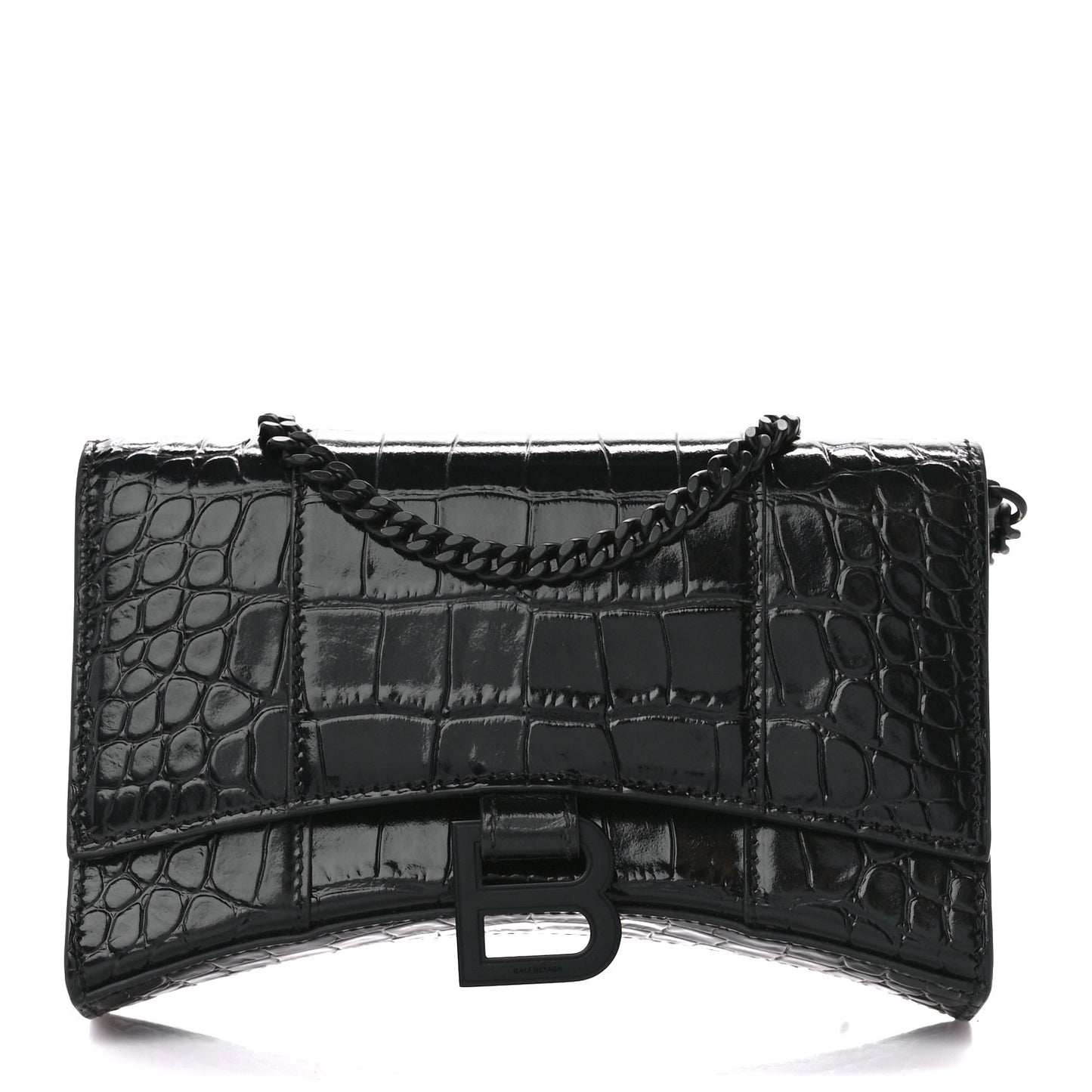 Shiny Calfskin Monochrome Crocodile Embossed Hourglass Chain Bag Black