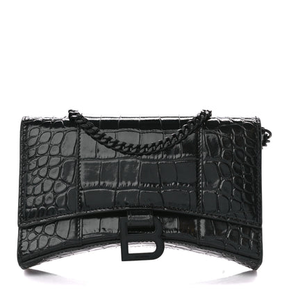 Balenciaga Shiny Calfskin Monochrome Crocodile Embossed Hourglass Chain Bag Black 1 of 11
