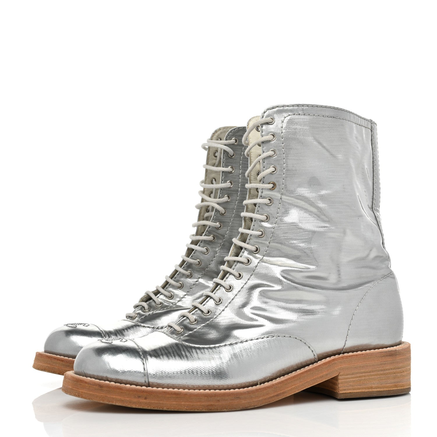 Chanel Fantasy Calfskin PVC Lace Up Combat Boots 39 Silver 3 of 10
