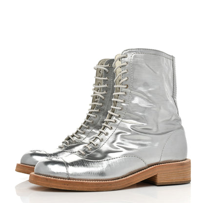 Chanel Fantasy Calfskin PVC Lace Up Combat Boots 39 Silver 3 of 10