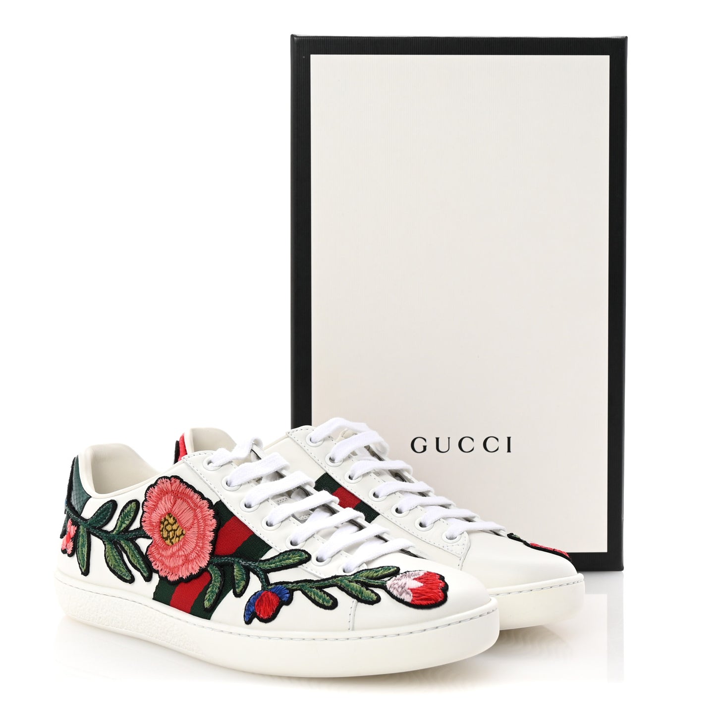 Calfskin Web Floral Embroidered Womens Ace Sneakers 37 White