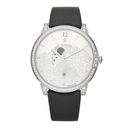 Harry Winston 18K White Gold Satin Diamond Bezel 39mm Sunray Midnight Quartz Watch 1 of 5