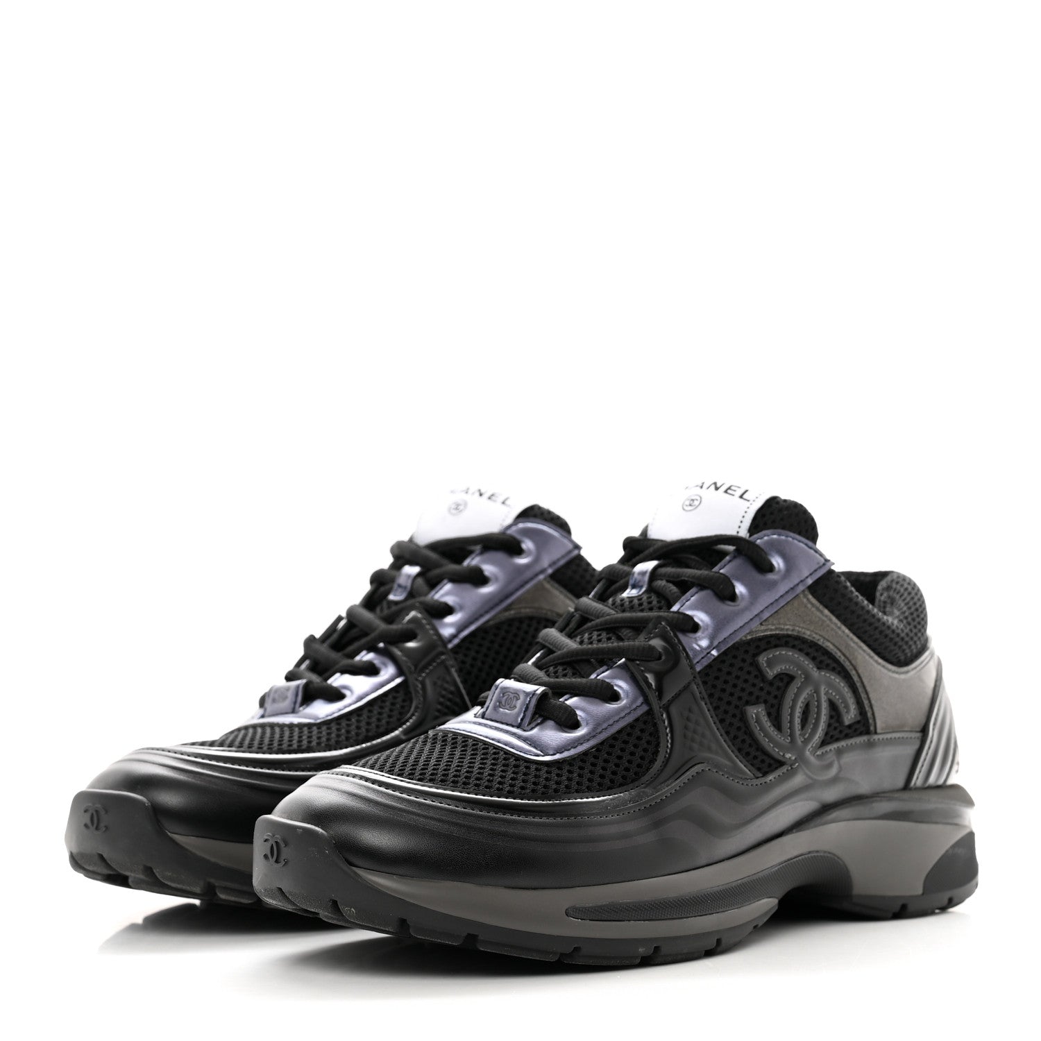 Chanel Fabric Laminated Calfskin Stretch CC Womens Sneakers 41 Black 3 of 9