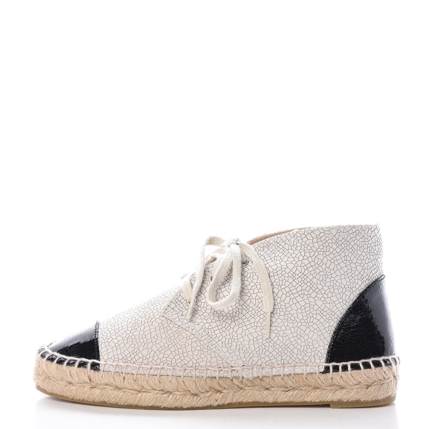 Crackled Calfskin Cap Toe Lace Up Espadrilles 35 Light Beige Black