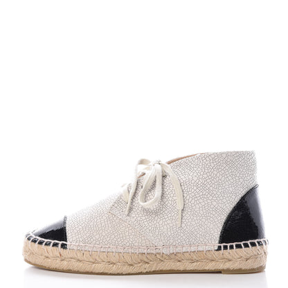 Chanel Crackled Calfskin Cap Toe Lace Up Espadrilles 35 Light Beige Black 1 of 8