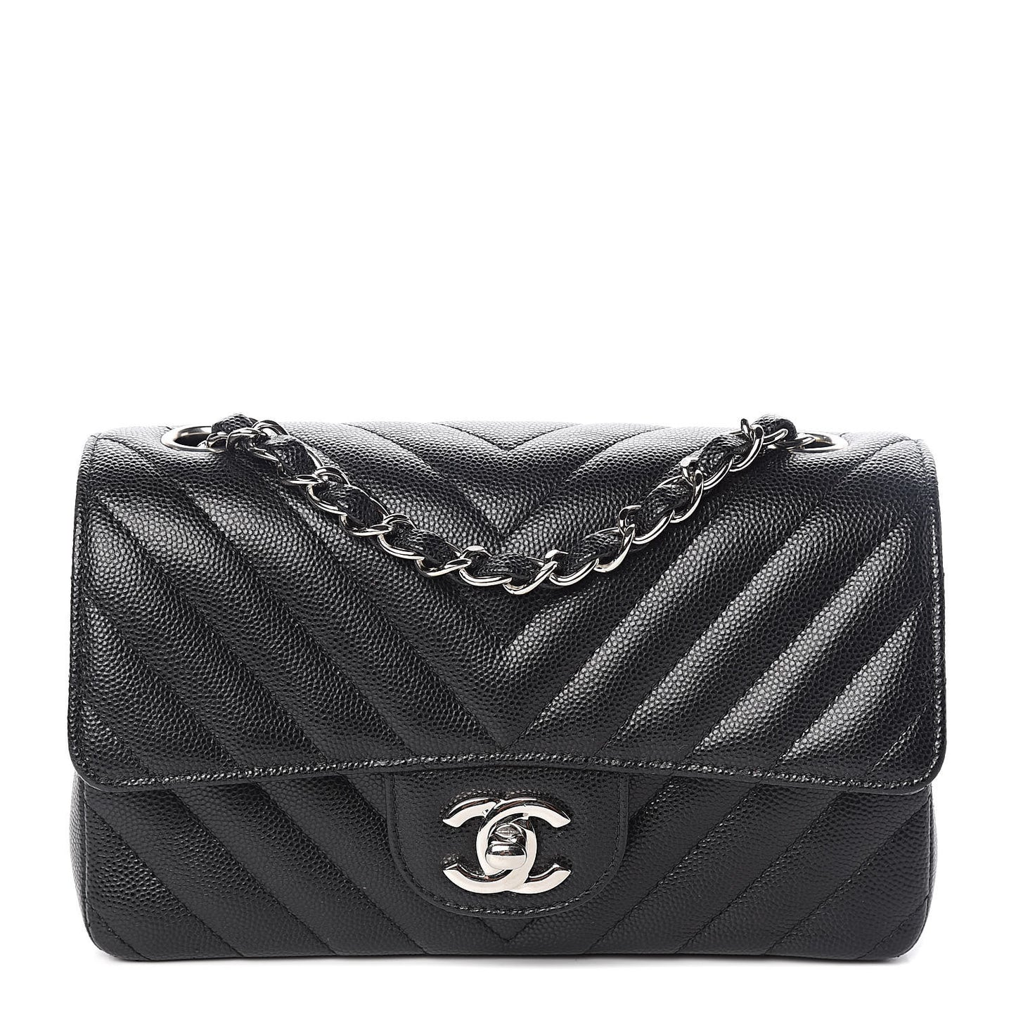 Caviar Chevron Quilted Mini Rectangular Flap Black