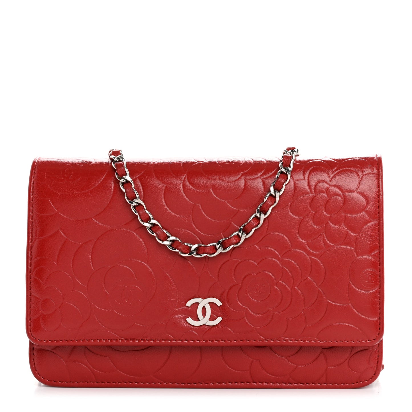 Lambskin Camellia Embossed Wallet on Chain WOC Red