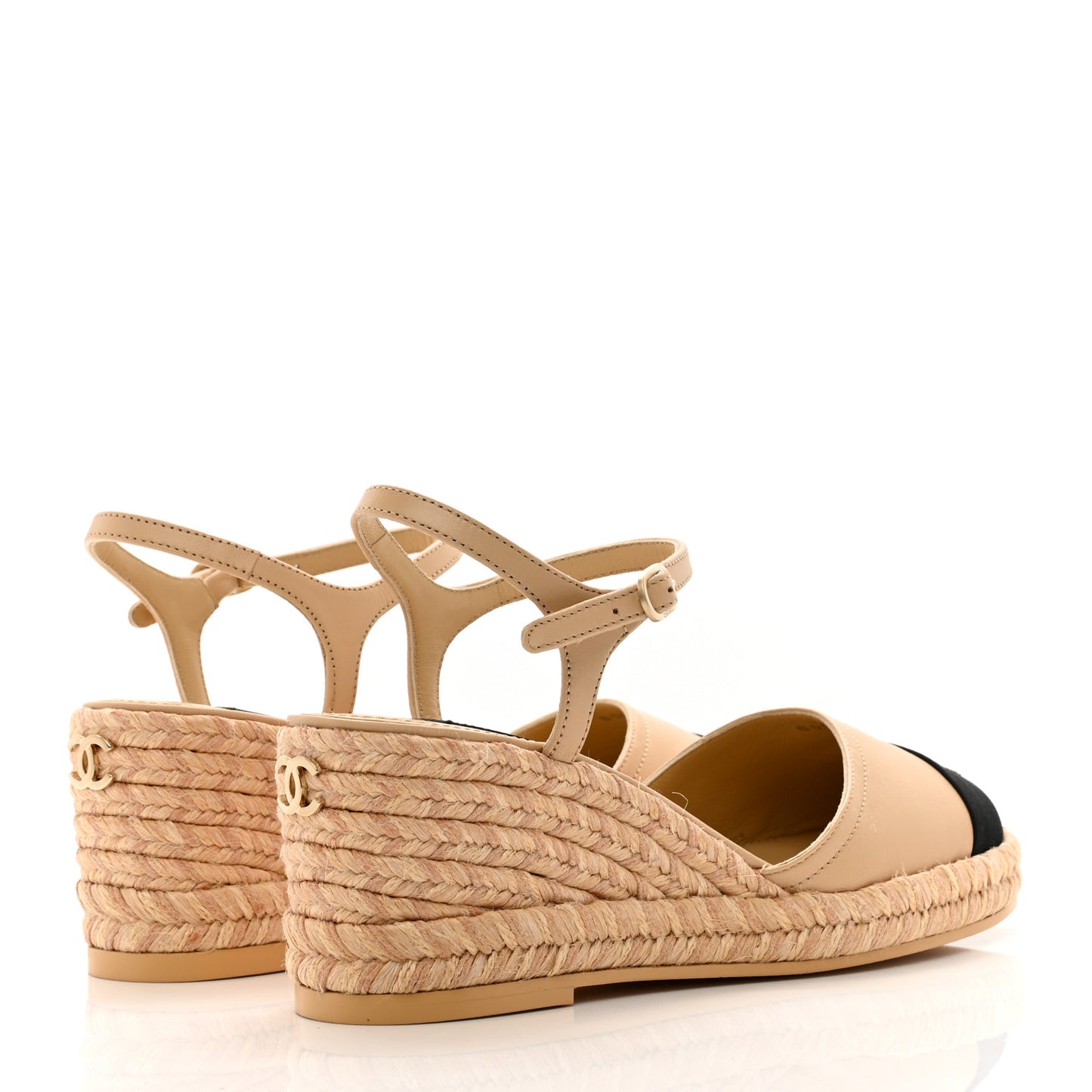 Lambskin Grosgrain CC Espadrilles Wedges 37 Beige Black
