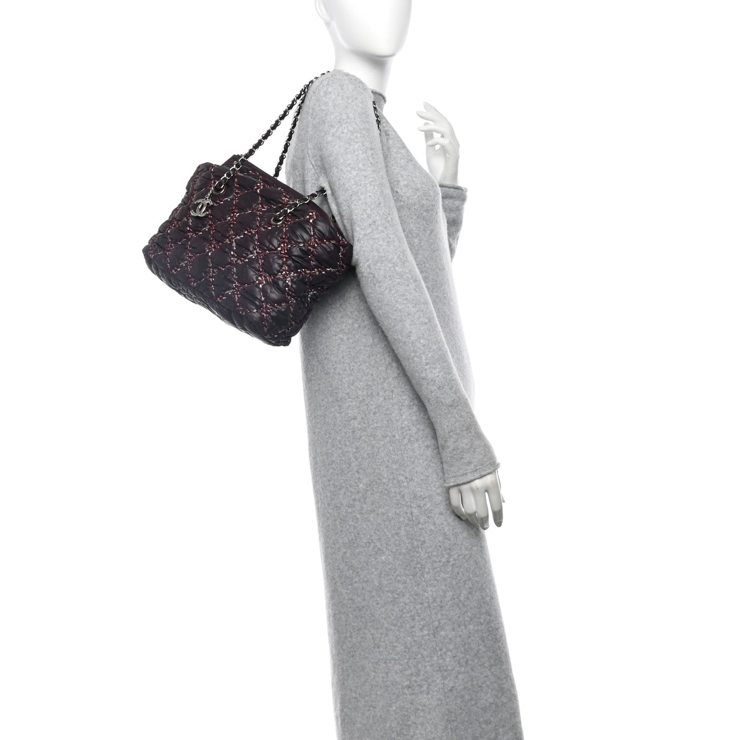 Nylon Quilted Tweed Stitch Bubble Tote Plum