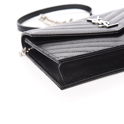 Saint Laurent Grain De Poudre Matelasse Chevron Monogram Envelope Chain Wallet Black 8 of 11