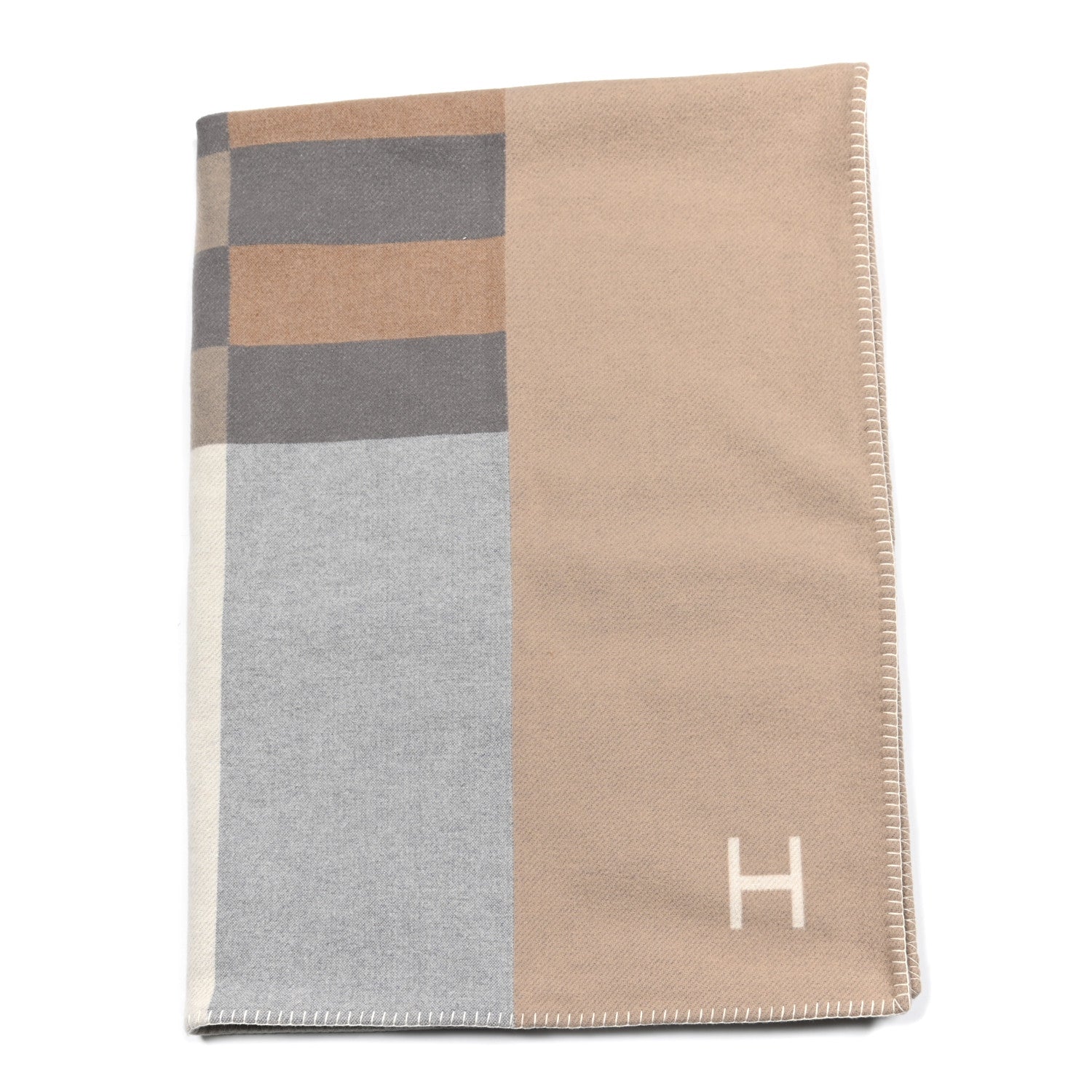 Hermes Wool Cashmere H Casaque Blanket Sable Ecru 1007135