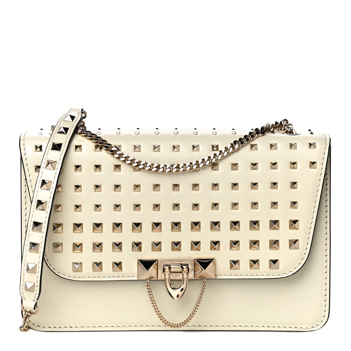 Vitello Small Rockstud All Over Demilune Shoulder Bag Light Ivory