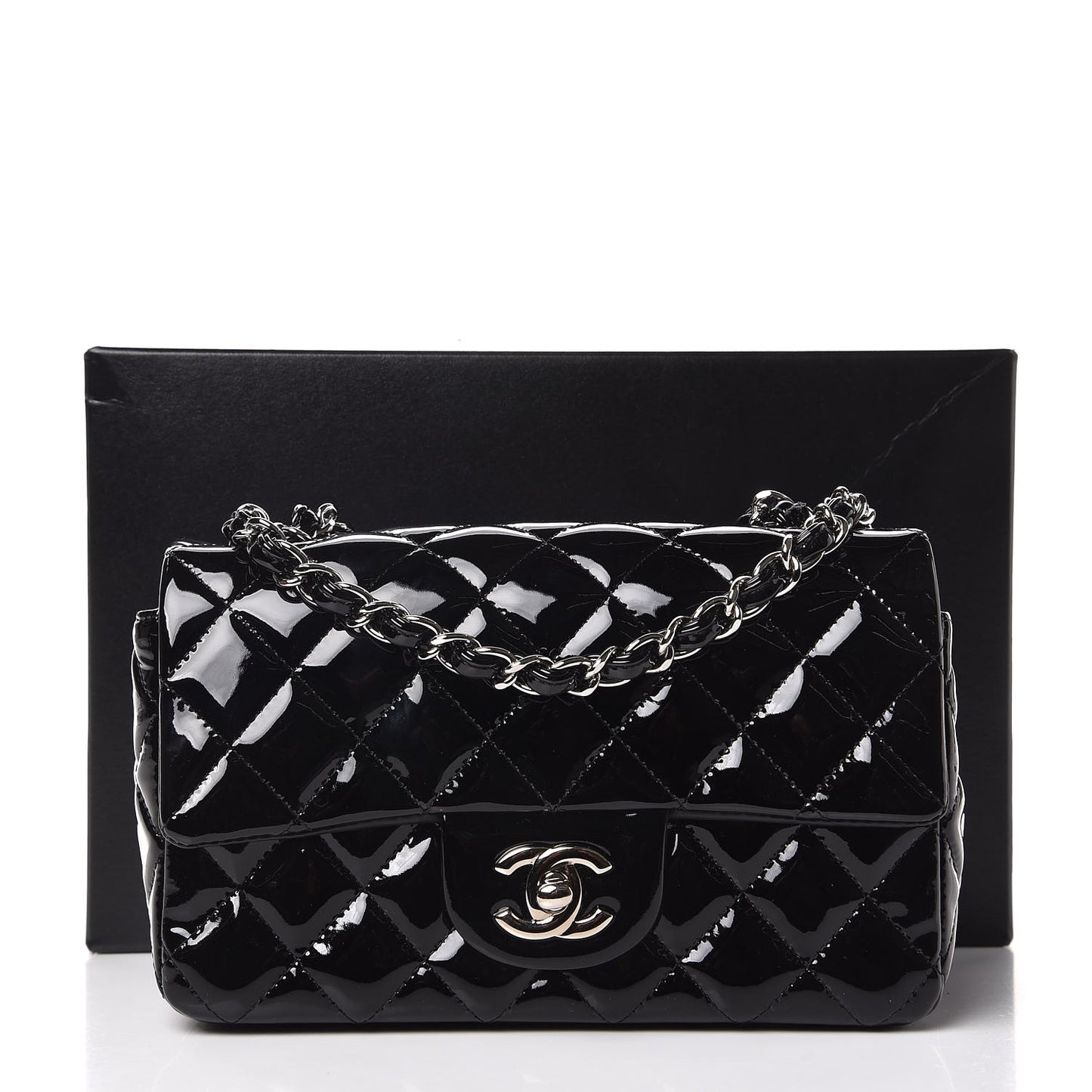 Patent Calfskin Quilted Mini Rectangular Flap Black