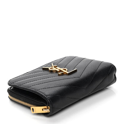 Saint Laurent Grain De Poudre Matelasse Chevron Monogram Compact Zip Around Wallet Black 3 of 6