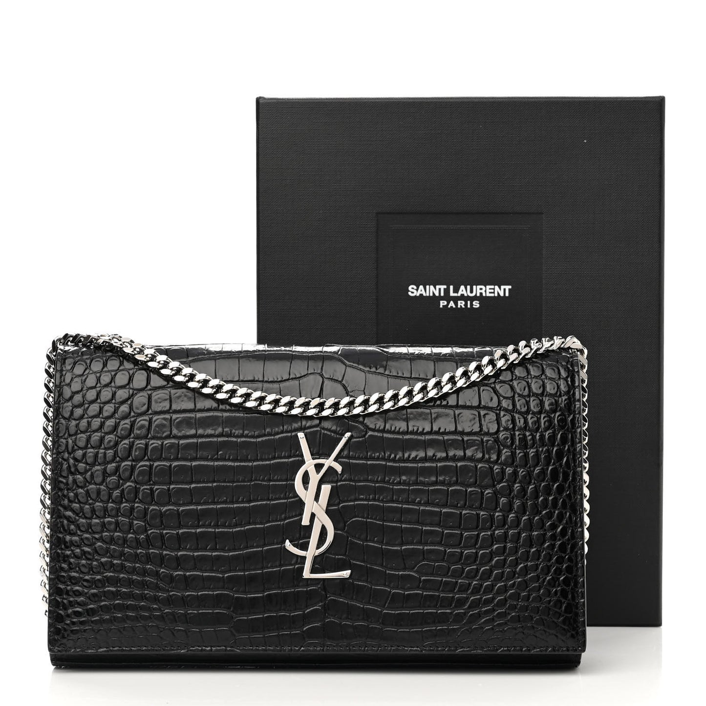 Calfskin Crocodile Embossed Monogram Chain Wallet Black