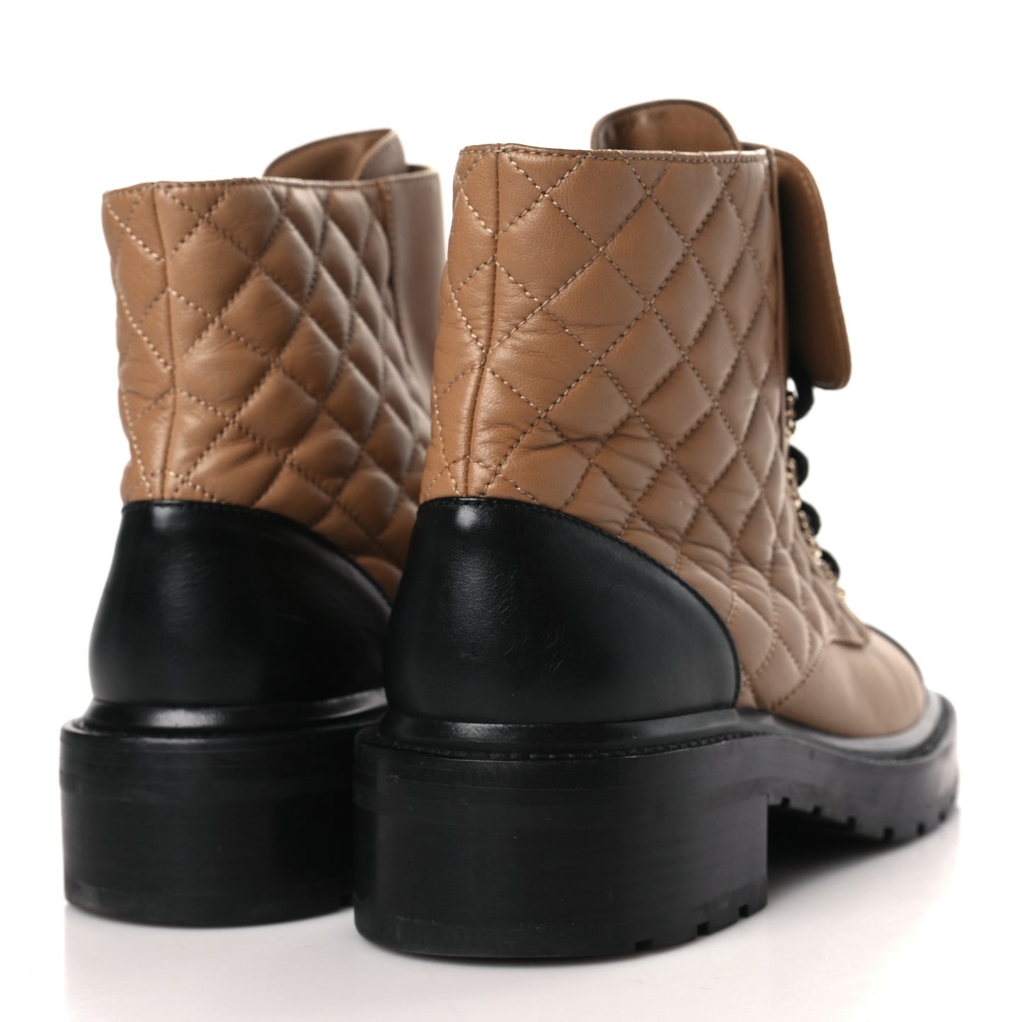 Lambskin Calfskin Quilted Lace Up Combat Boots 39 Light Brown Black