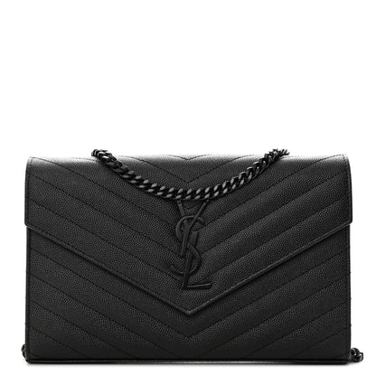 Saint Laurent Grain De Poudre Matelasse Chevron Monogram Monochrome Chain Wallet Black 1 of 11