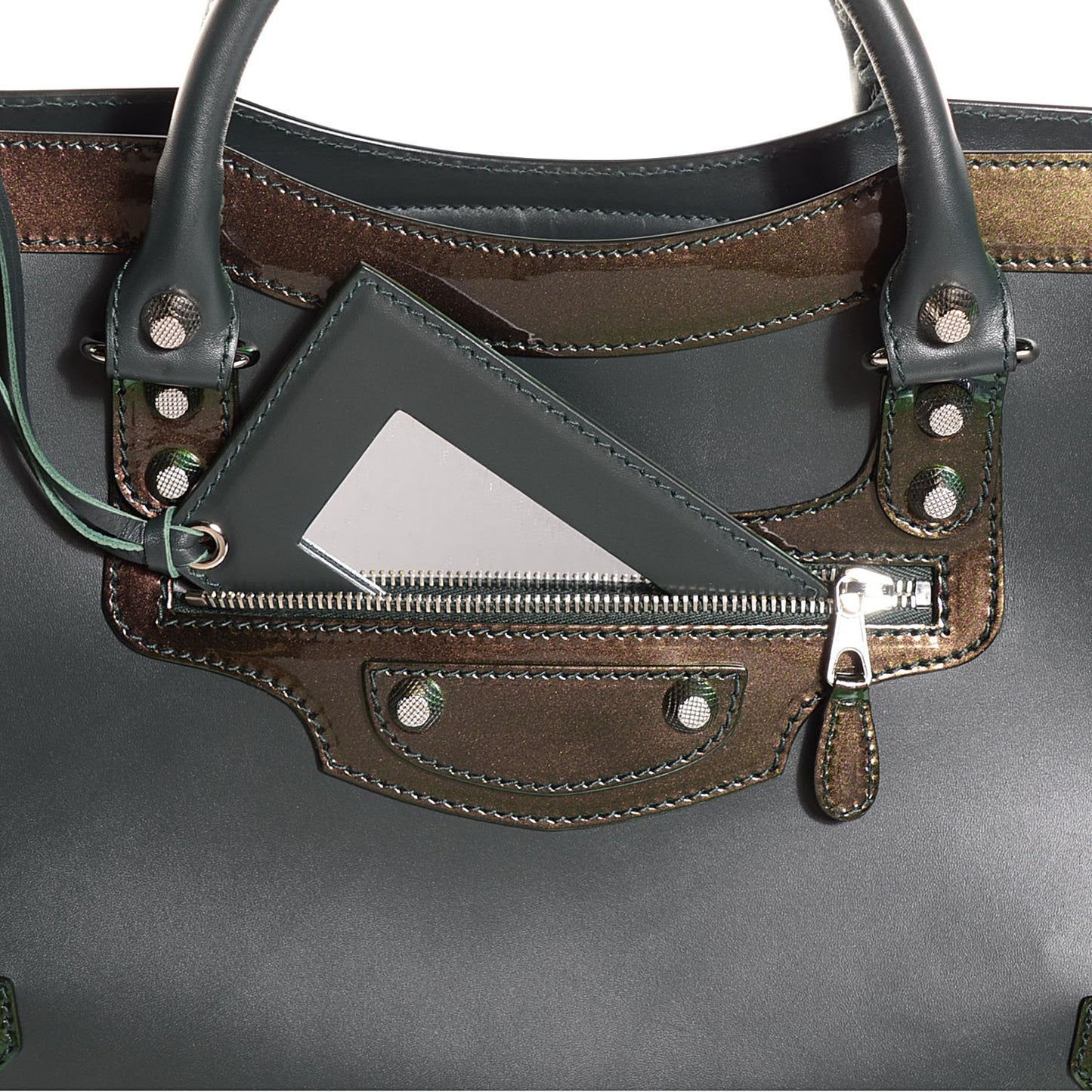 Smooth Calfskin Metallic Patent Giant 12 Silver Hardware City Vert Poker Fonce