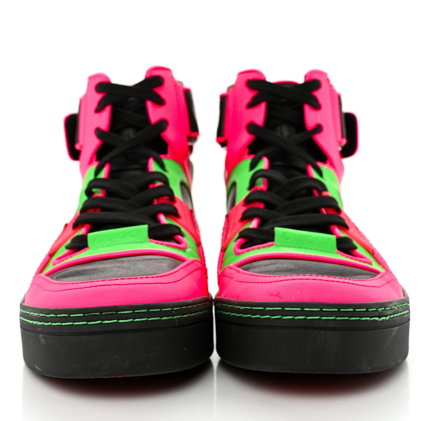 Calfskin Womens Neon High Top Sneakers 37 Black Neon Green Pink