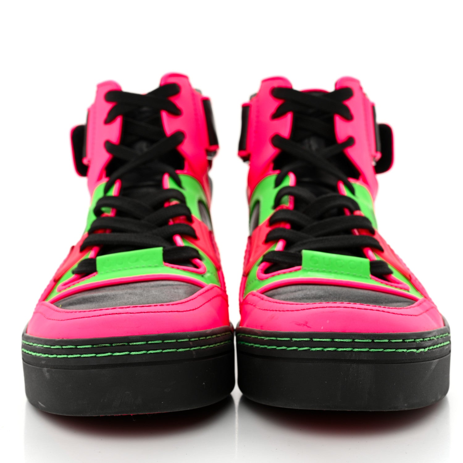 Gucci Calfskin Womens Neon High Top Sneakers 37 Black Neon Green Pink 2 of 14