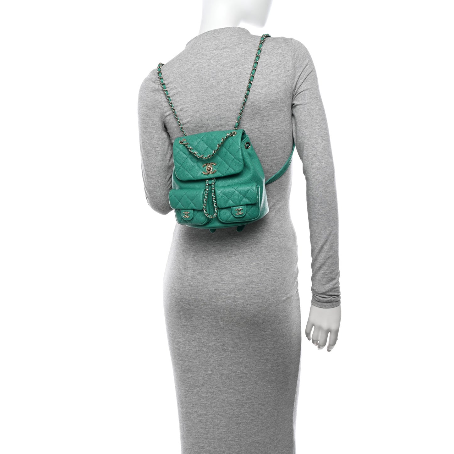 Caviar Quilted Medium Duma Pockets Drawstring Backpack Green