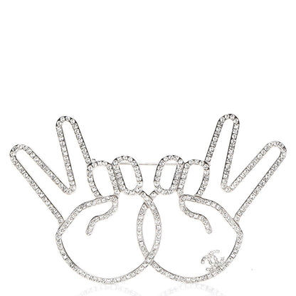 Chanel Strass Crystal Peace Sign Emoji Brooch Silver 1 of 5