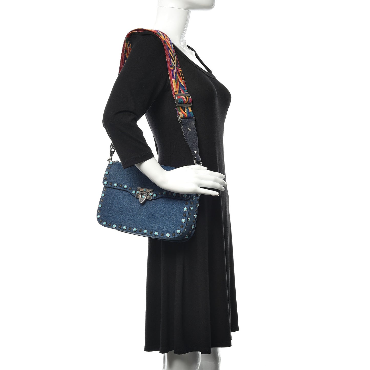 Denim Medium Guitar Strap Rockstud Rolling Flap Saddle Bag