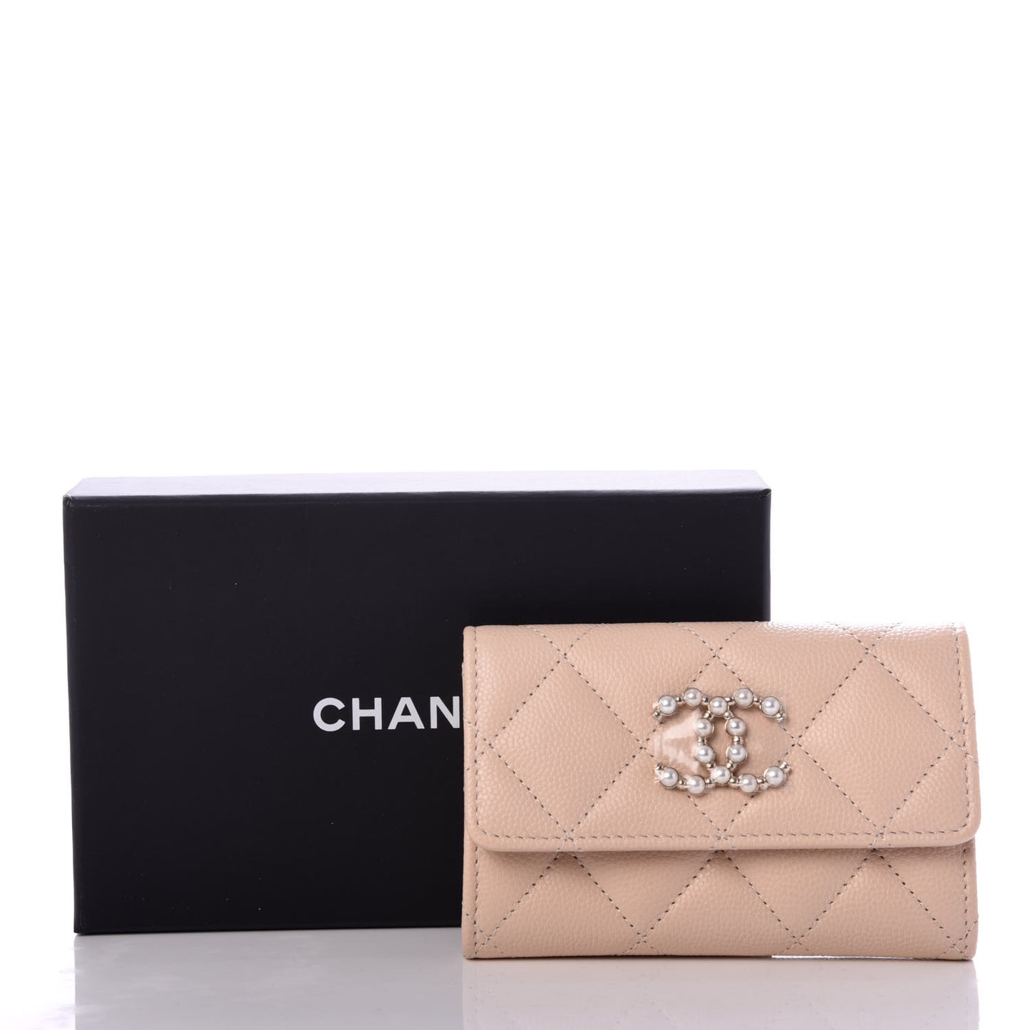 Caviar Pearl Quilted Coco Candy Flap Card Holder Beige