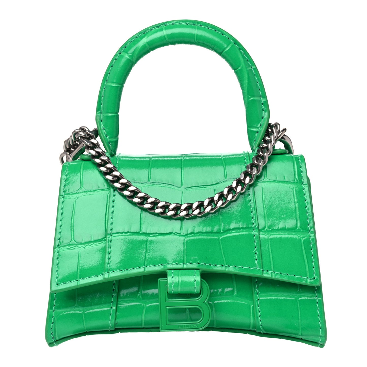 Shiny Calfskin Tonal B Crocodile Embossed Hourglass Top Handle Bag Mini with Chain Vivid Green