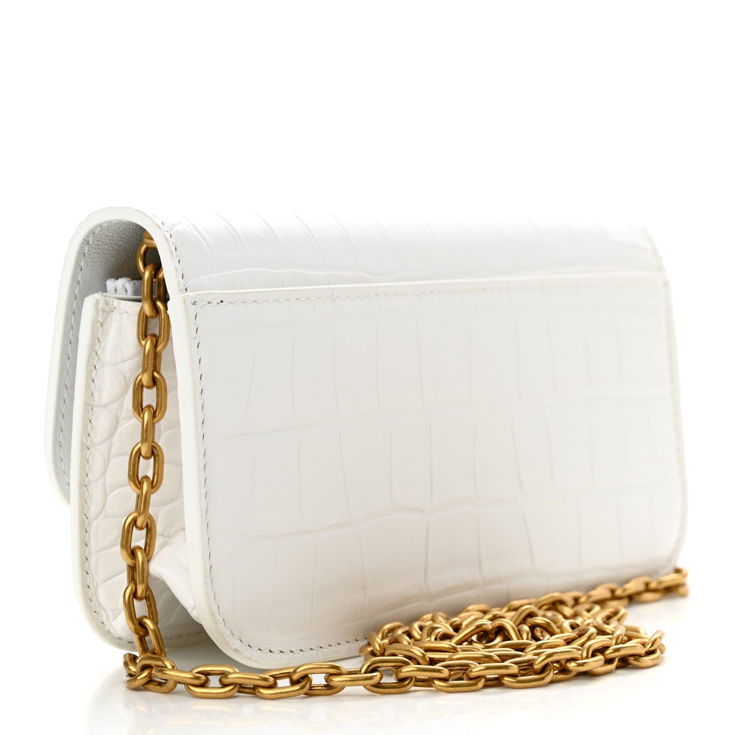 Extra Supple Calfskin Crocodile Embossed Gossip Wallet On Chain Optic White