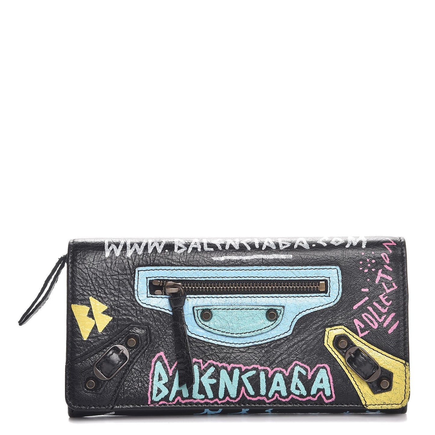 Agneau Classic Hardware Graffiti Money Wallet Black Multicolor