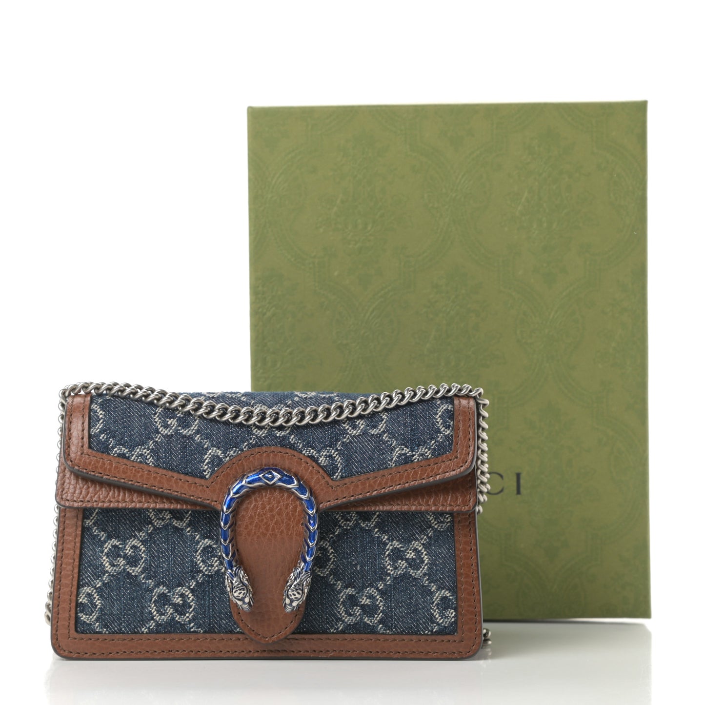 New Denim GG Monogram Dollar Calfskin Enamel Super Mini Dionysus Shoulder Bag Blue Tea Cuir Epilog Electric Blue