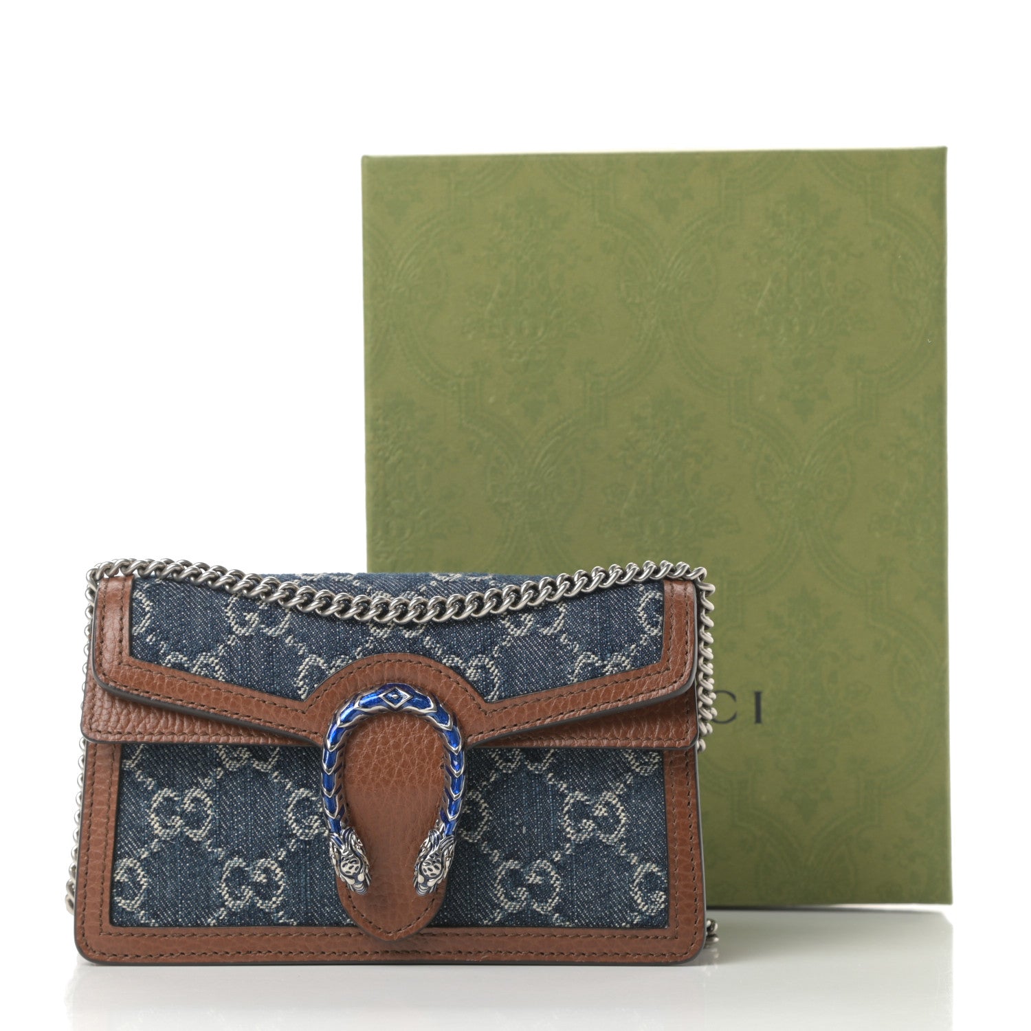 Gucci New Denim GG Monogram Dollar Calfskin Enamel Super Mini Dionysus Shoulder Bag Blue Tea Cuir Epilog Electric Blue 10 of 10